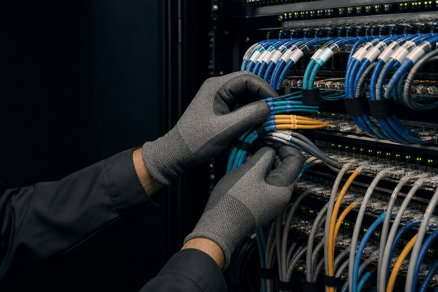 Technician managing color-coded cables in an enterprise network rack